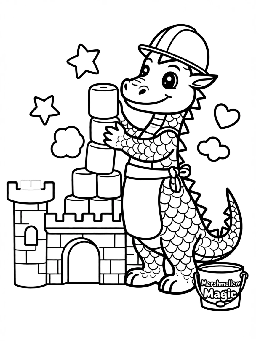 A dragon building a castle of colorful marshmallows.