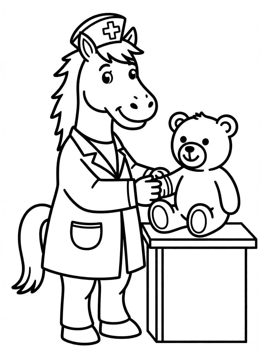 A horse dressed as a doctor, putting a bandage on a teddy bear.