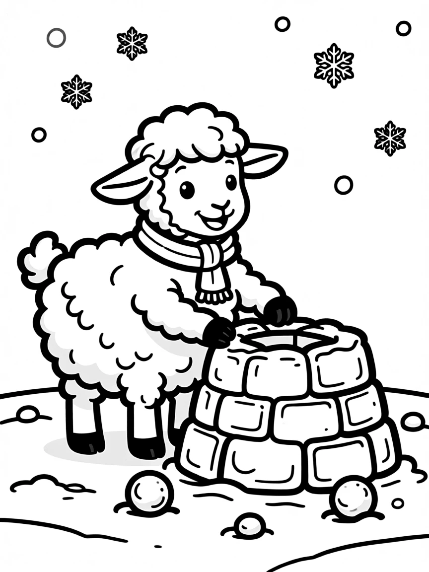 A sheep wearing a tiny scarf, building a snow fort.