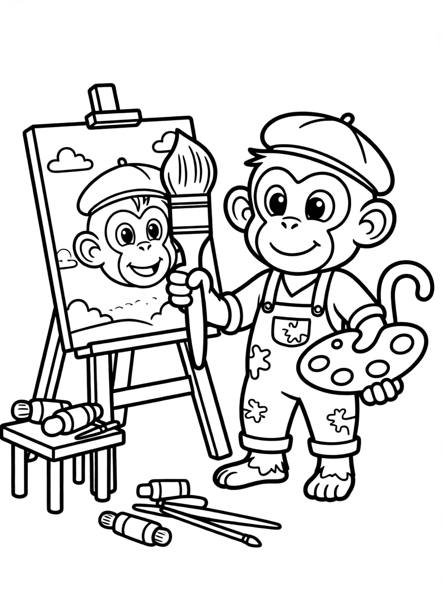 A monkey dressed as a painter, painting a self-portrait.