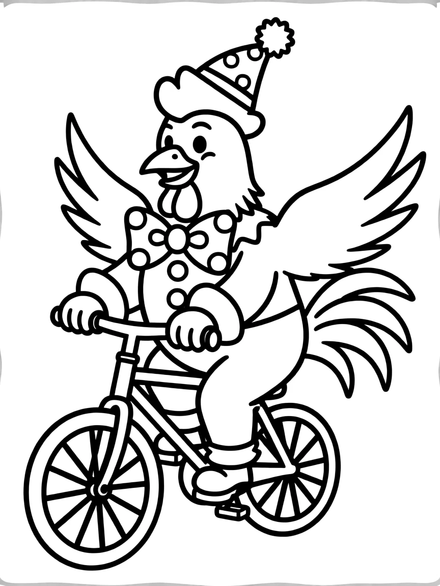A rooster dressed as a clown, riding a tiny bicycle.