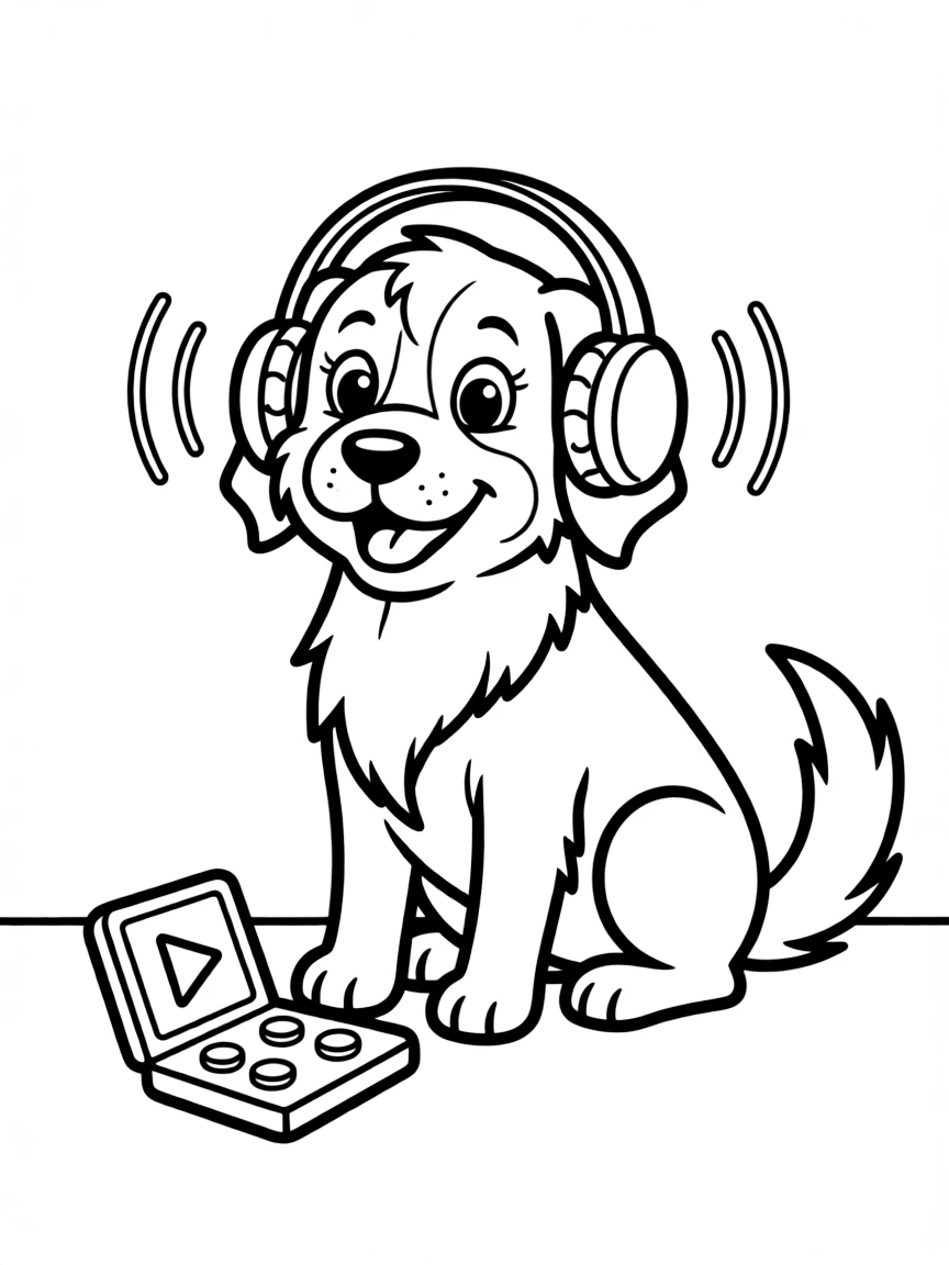 A dog wearing tiny earmuffs, listening to an audiobook.