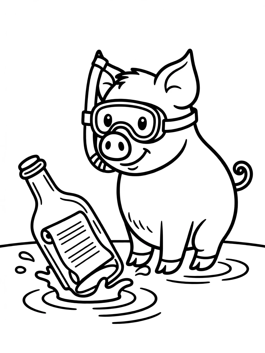 A pig wearing a tiny snorkel, finding a message in a bottle.