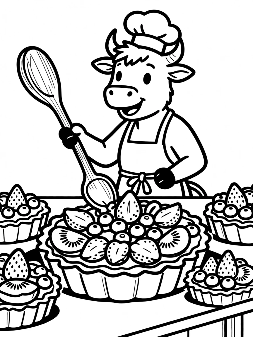An ox wearing a tiny chef's hat, making giant fruit tarts.