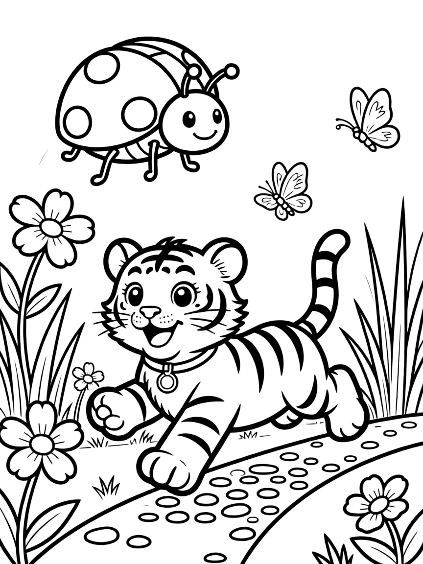 A tiger cub chasing a giant, friendly ladybug in a garden.