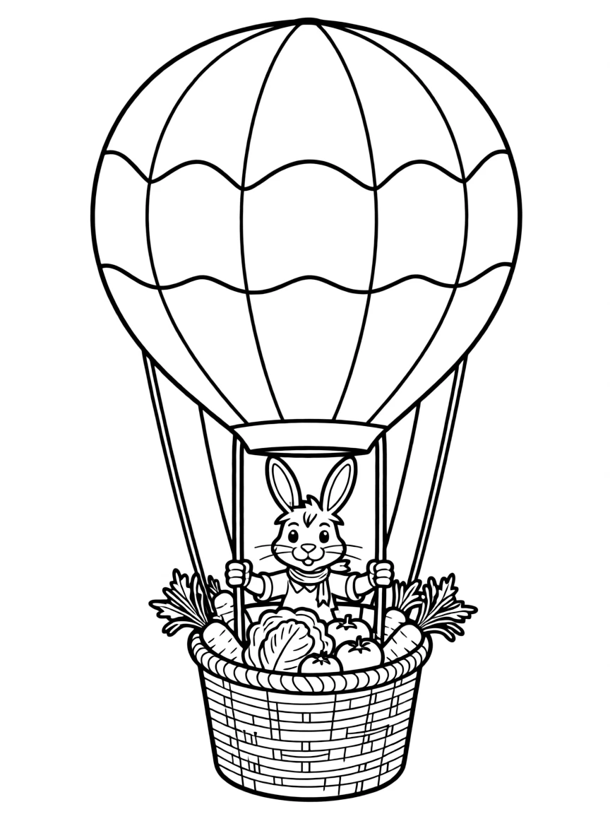A rabbit riding a hot air balloon with a basket of vegetables.