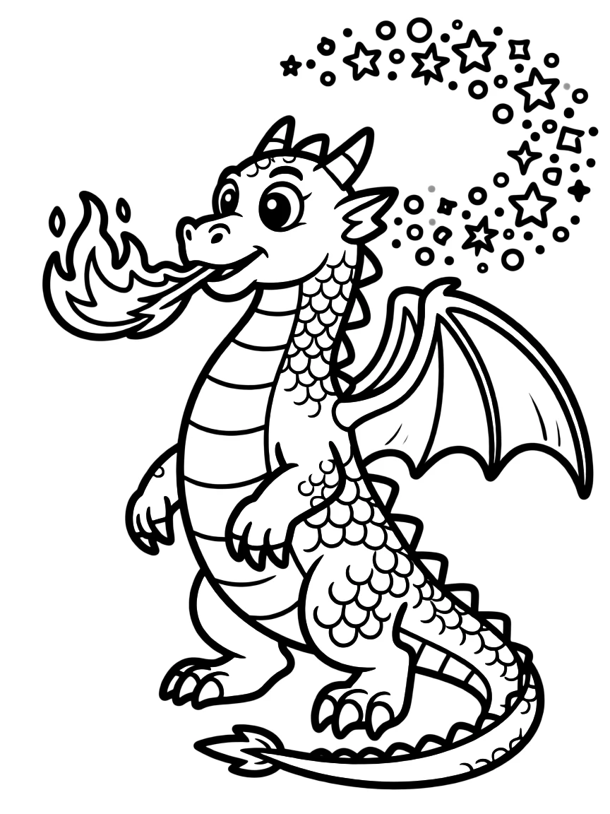 A dragon blowing fire that turns into sparkly dust.