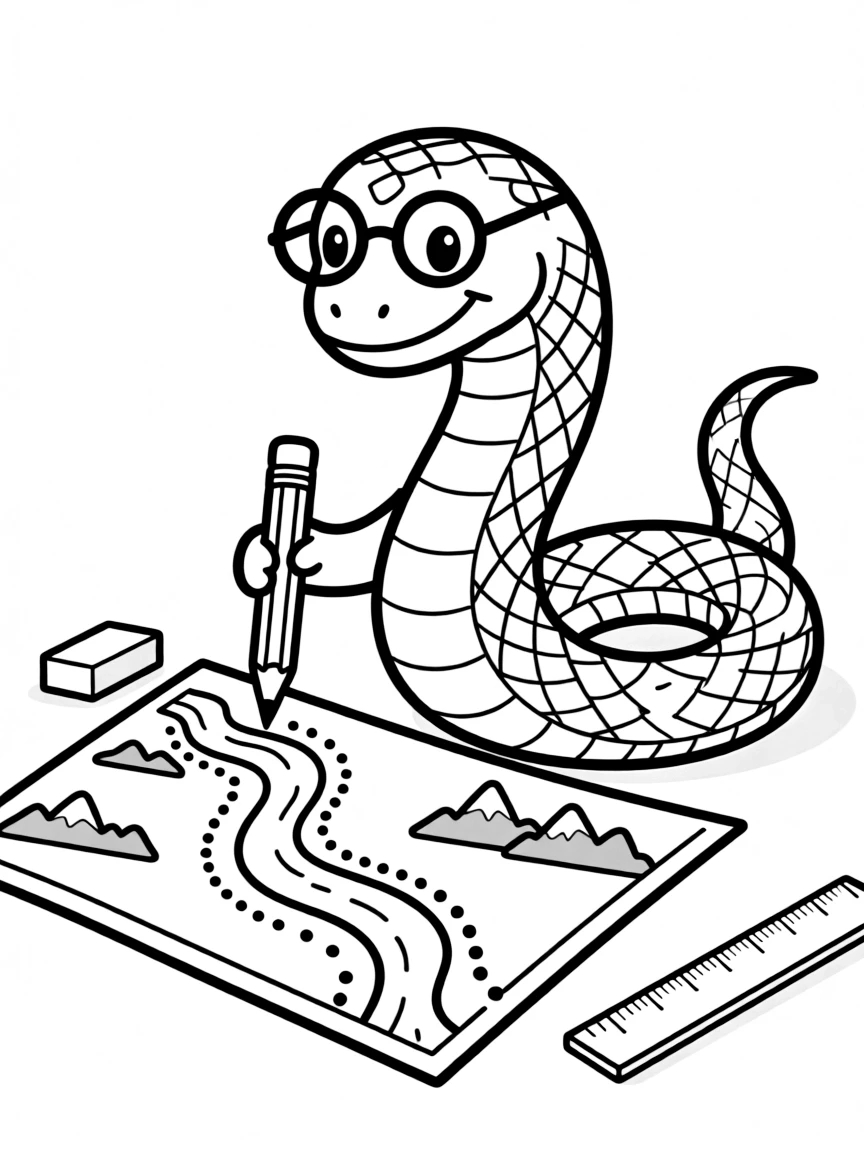 A snake wearing tiny spectacles, drawing a map.