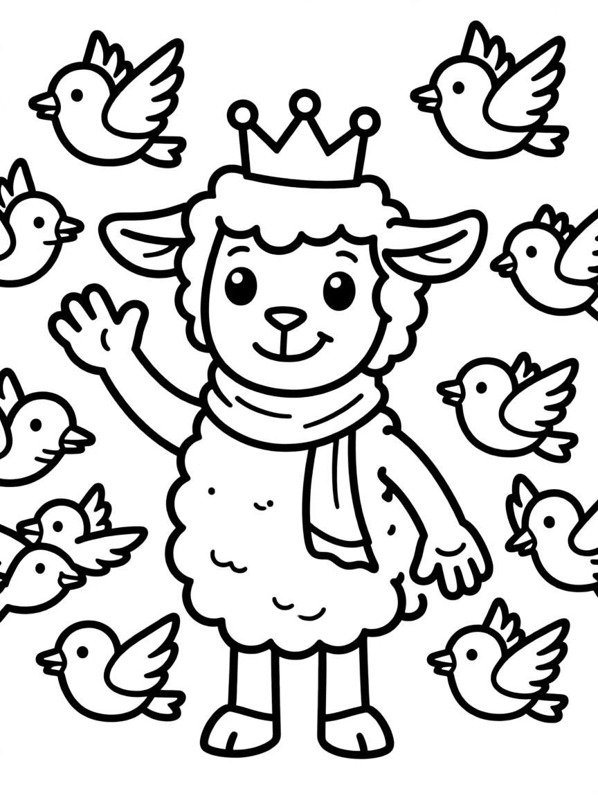 A sheep wearing a tiny crown, waving to a flock of birds.
