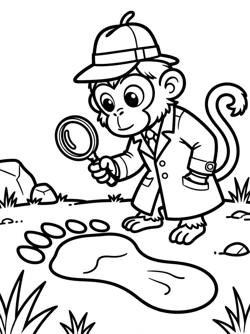 A monkey dressed as a detective, examining a footprint.