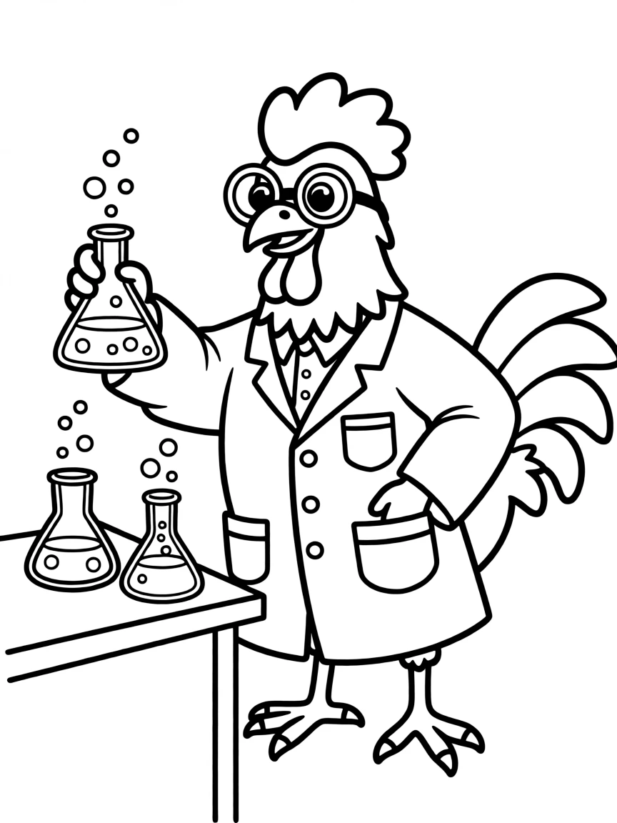 A rooster dressed as a scientist, mixing bubbling beakers.