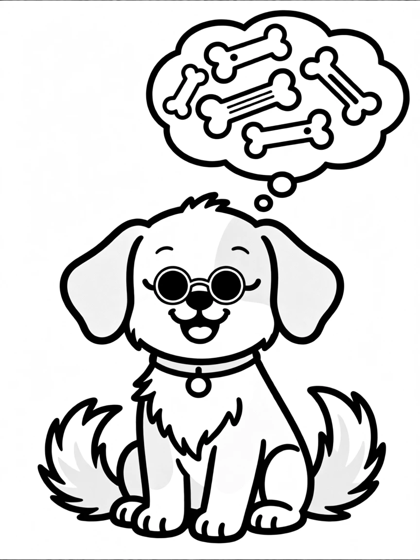A dog wearing tiny sunglasses, dreaming of bones.