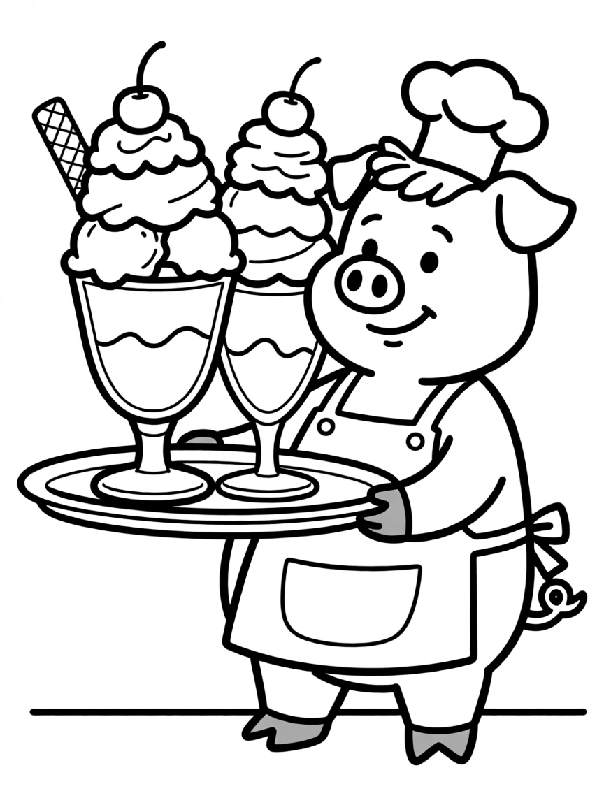 A pig wearing a tiny chef's hat, serving giant ice cream sundaes.