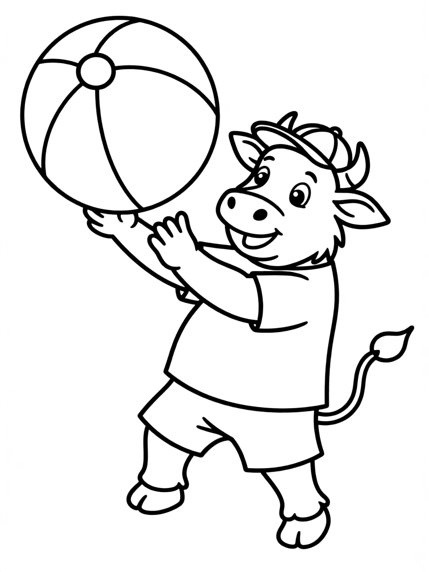 An ox wearing a tiny baseball cap, throwing a giant ball.