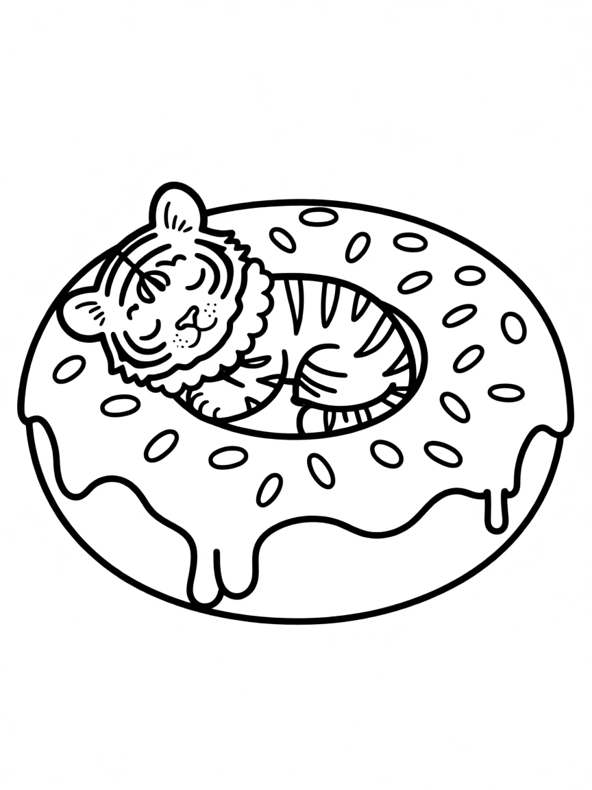 A tiger cub napping in a giant, cozy donut bed.