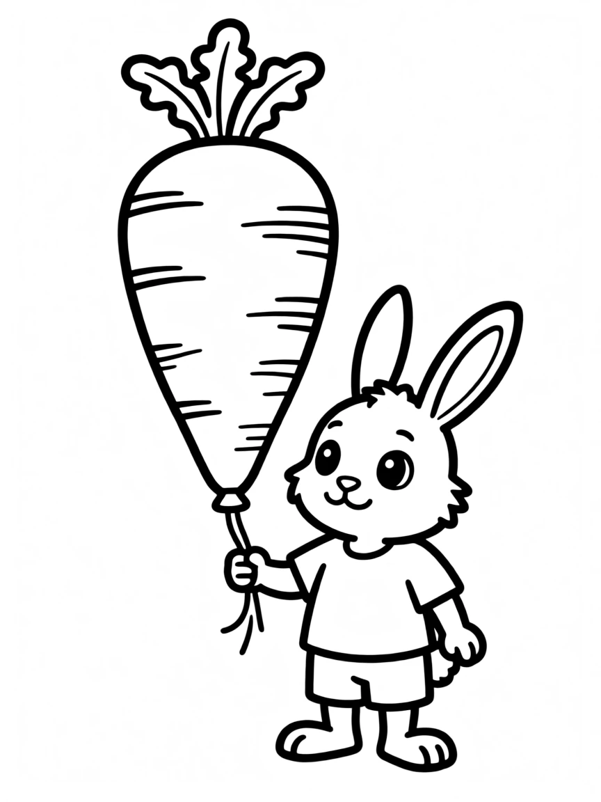 A rabbit holding a giant balloon shaped like a carrot.