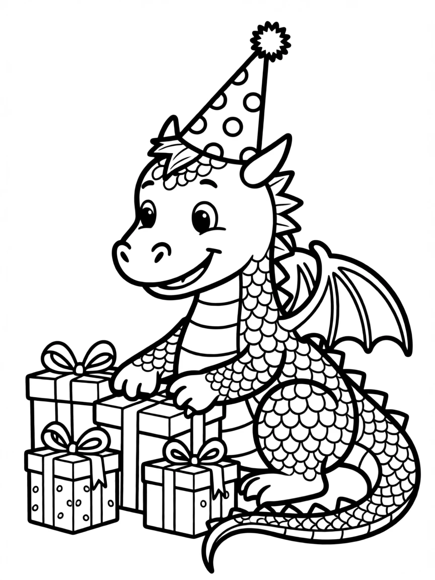 A dragon wearing a party hat, unwrapping presents.