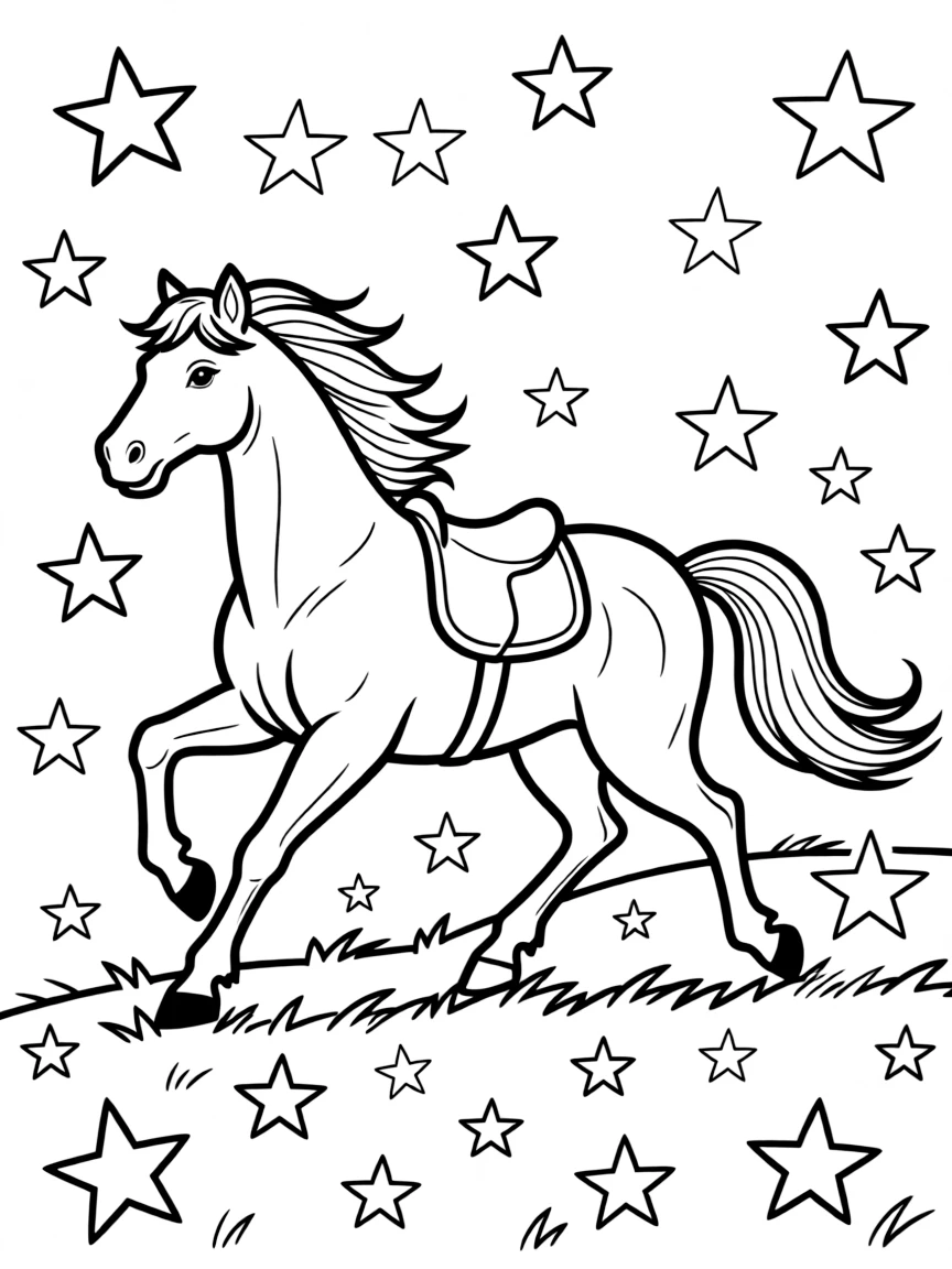 A horse with a flowing mane, running through a field of stars.