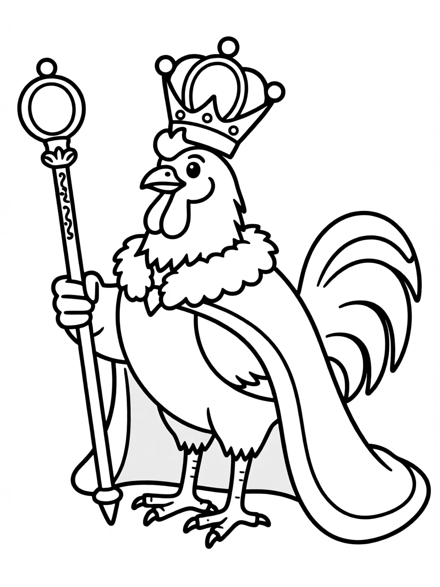 A rooster dressed as a king, holding a royal scepter.