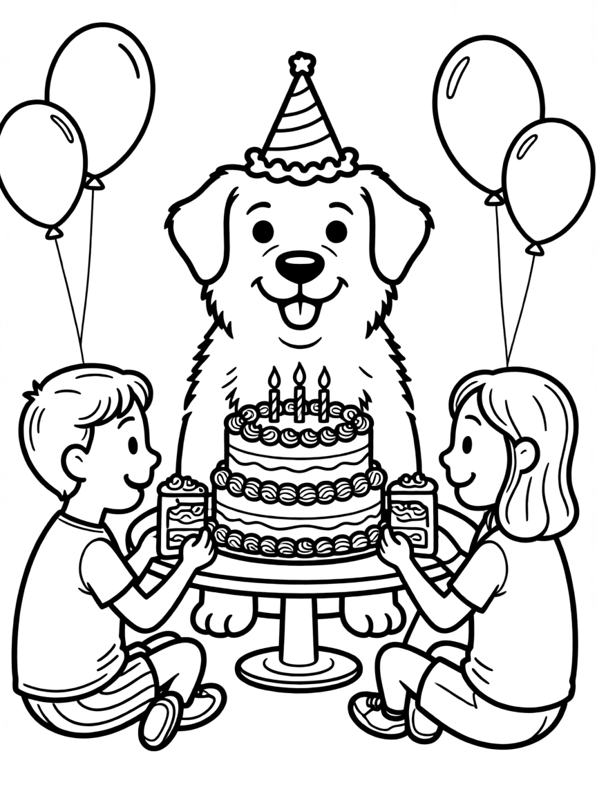 A dog wearing a tiny birthday hat, sharing cake with friends.