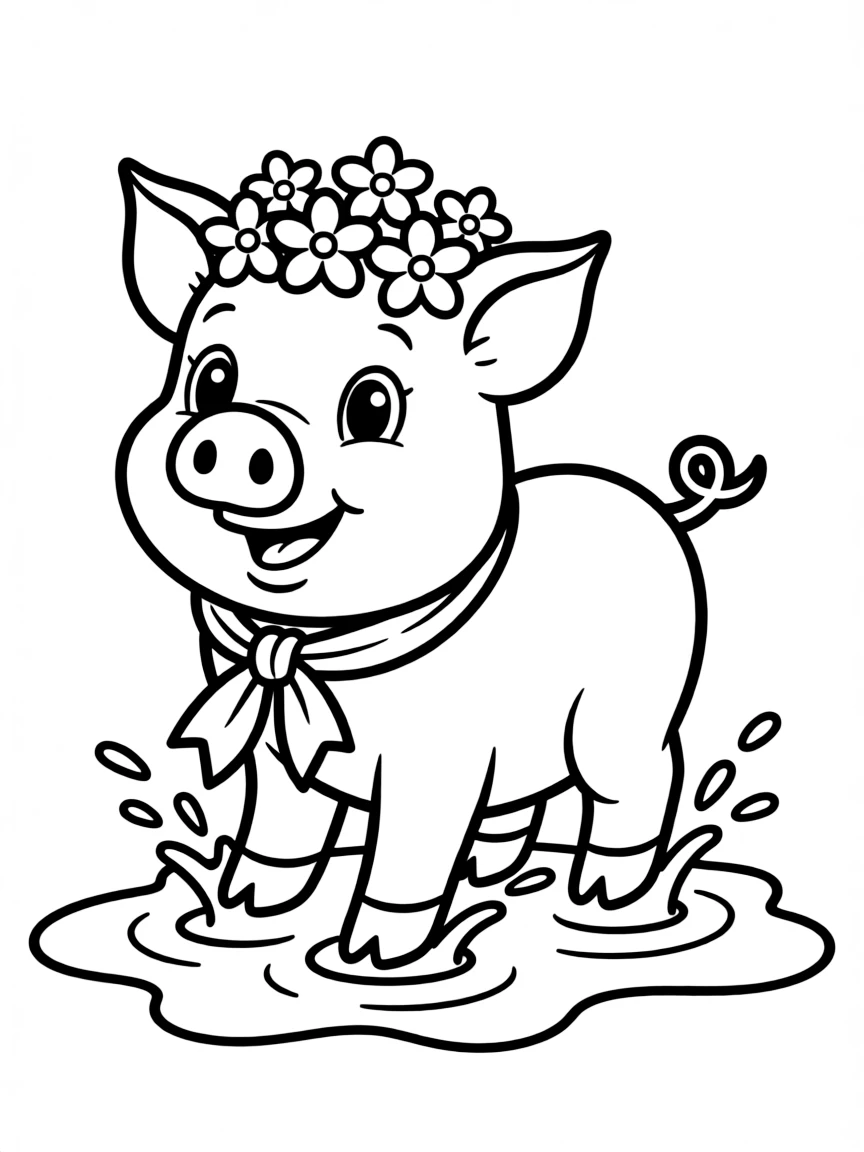 A pig wearing a tiny crown of flowers, splashing in a puddle.