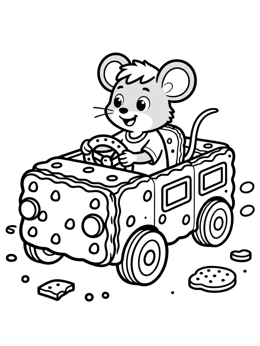 A rat driving a tiny car made of cookies.