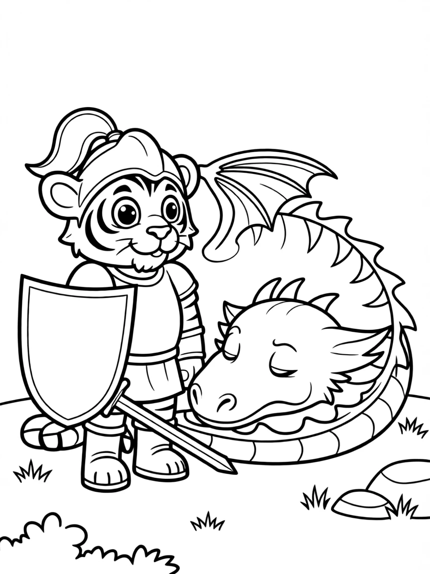 A tiger cub dressed as a knight, guarding a sleeping dragon.