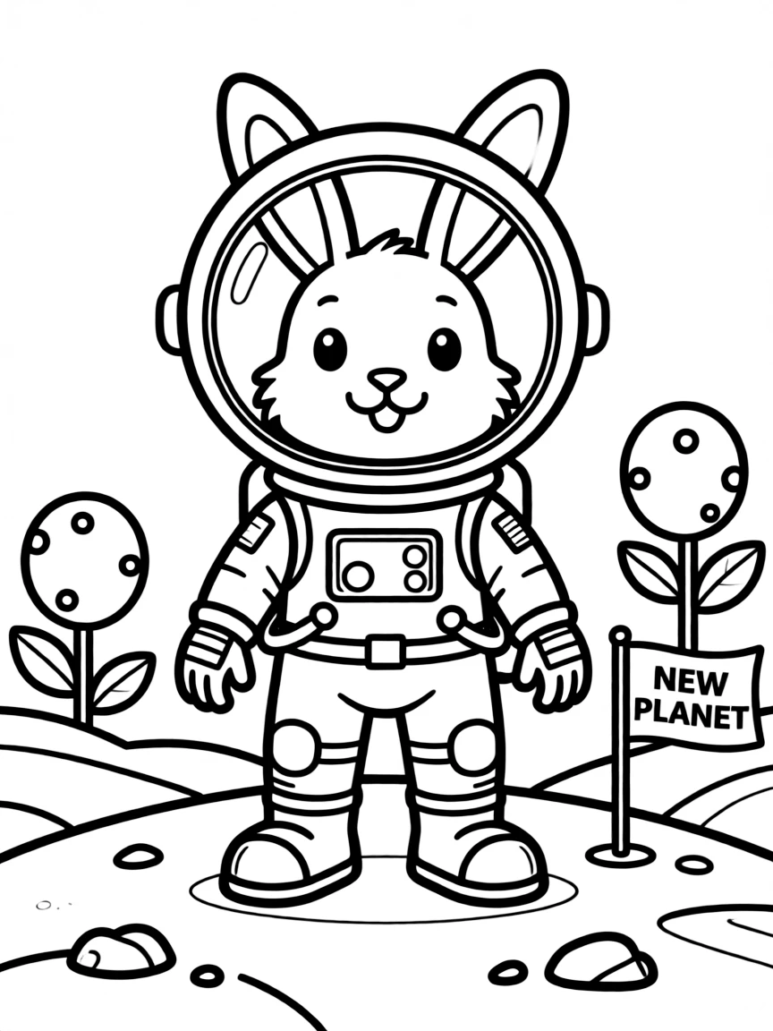 A rabbit dressed as an astronaut, exploring a new planet.