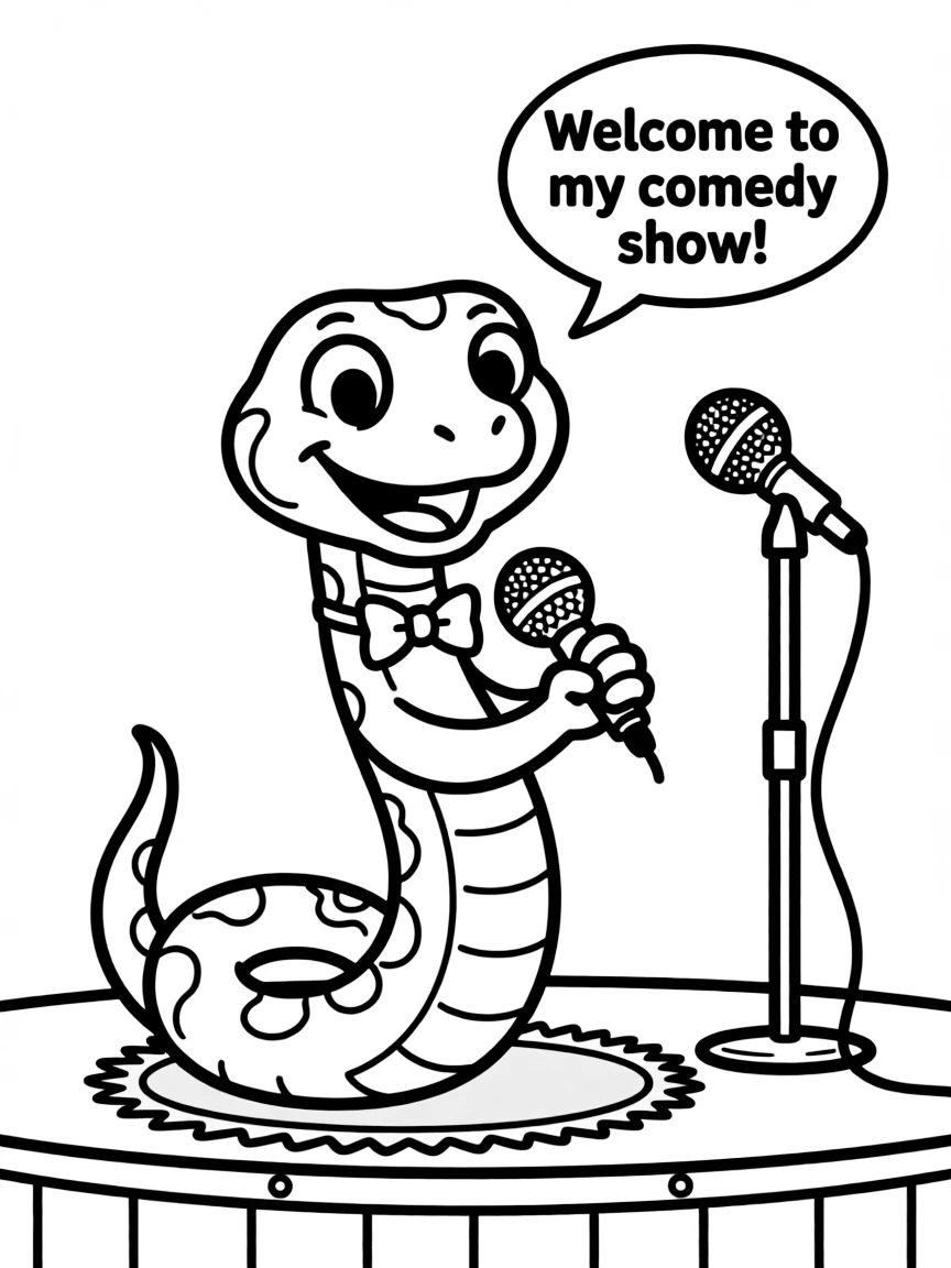 A snake wearing a tiny bow tie, performing a stand-up comedy show.