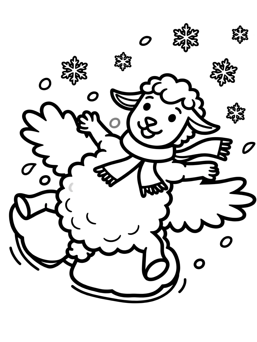 A sheep wearing a tiny scarf, making snow angels.