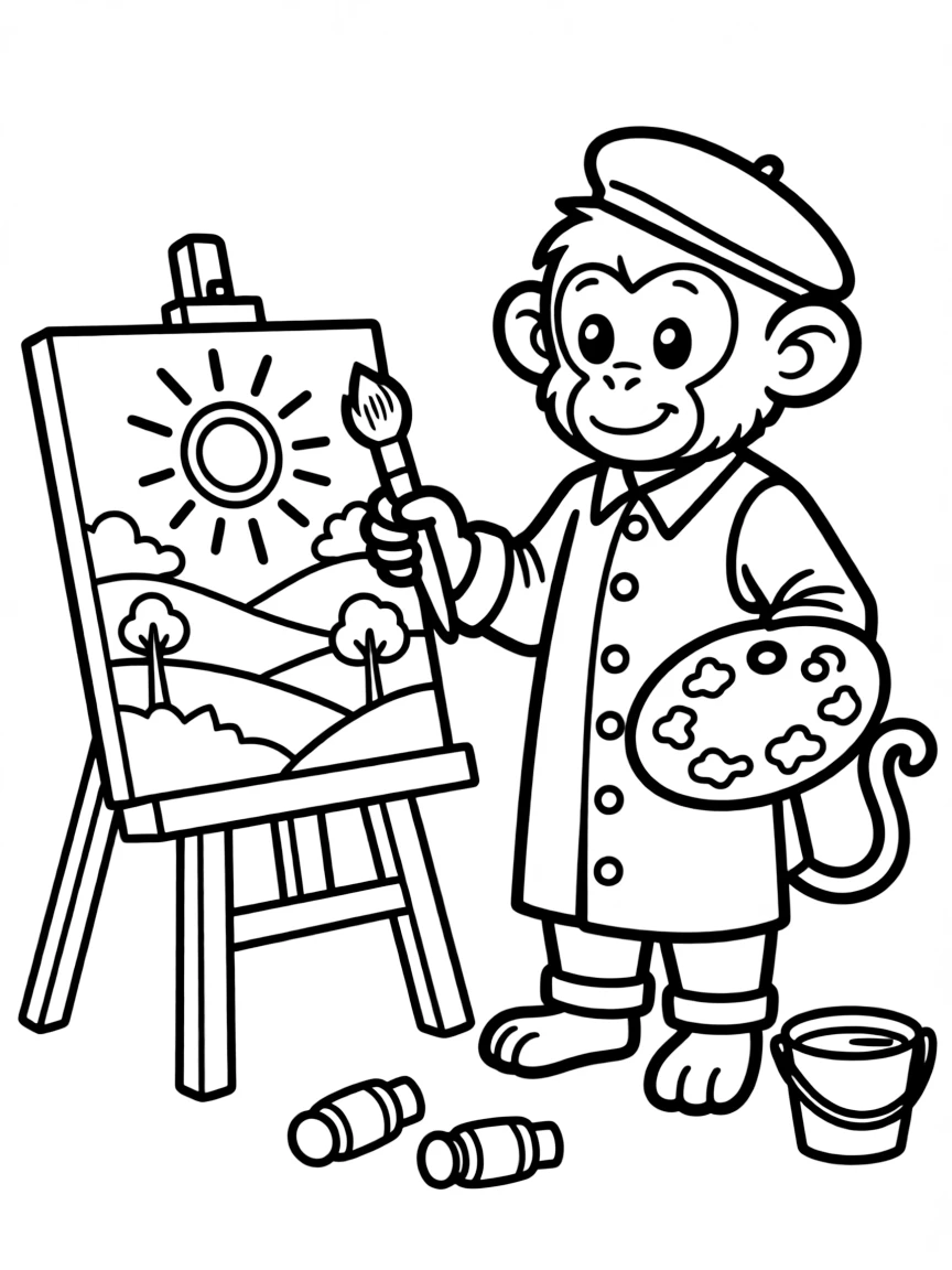A monkey dressed as a painter, painting a beautiful landscape.