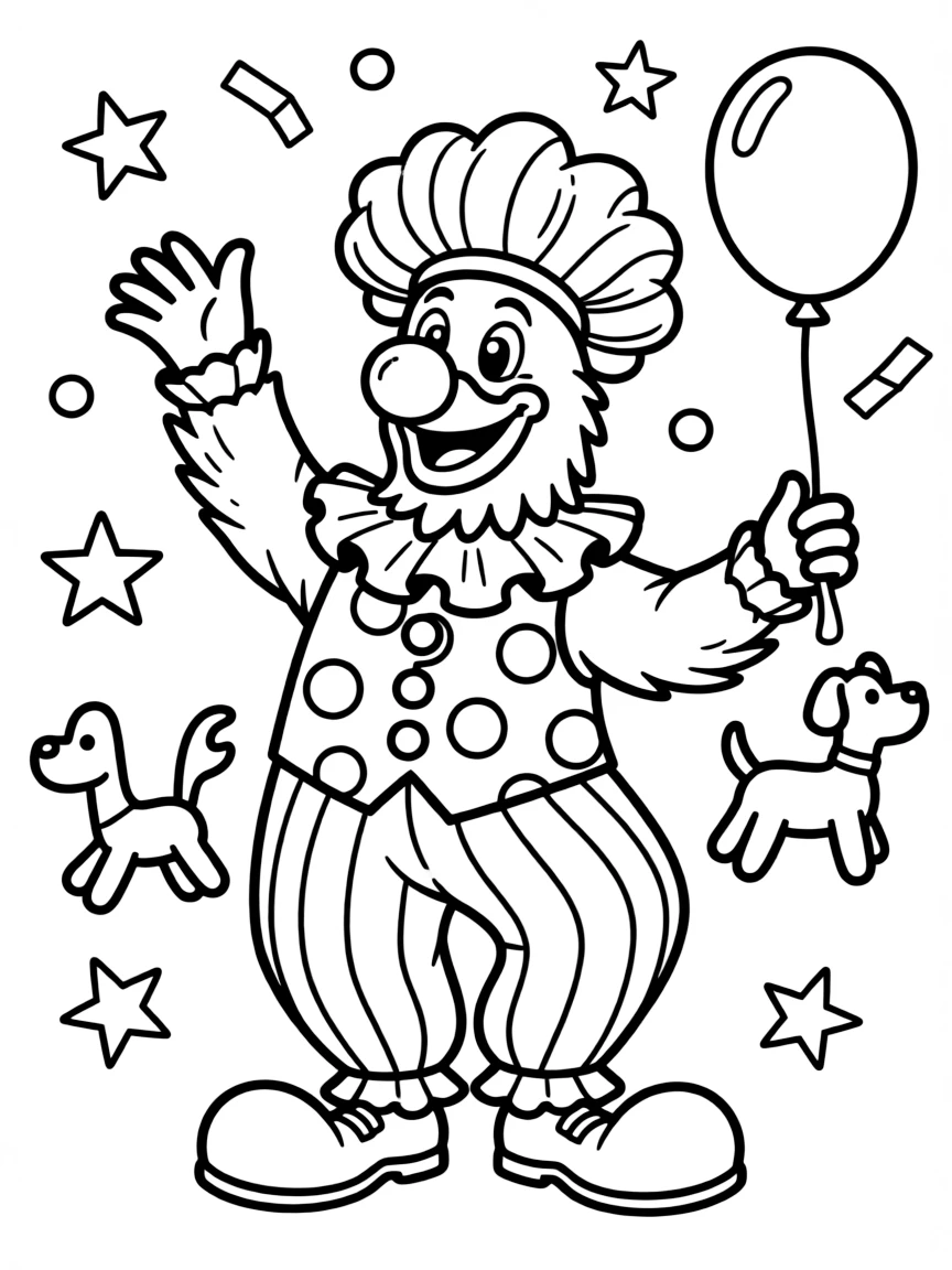 A rooster dressed as a clown, doing a funny dance.
