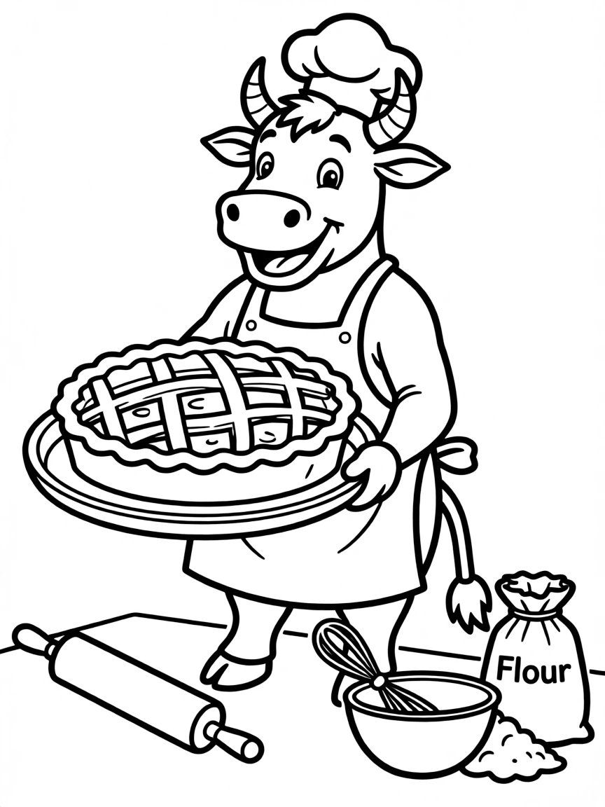 An ox wearing a tiny chef's hat, baking a giant pie.