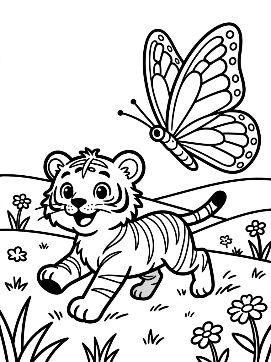 A tiger cub chasing a giant, friendly butterfly in a field.