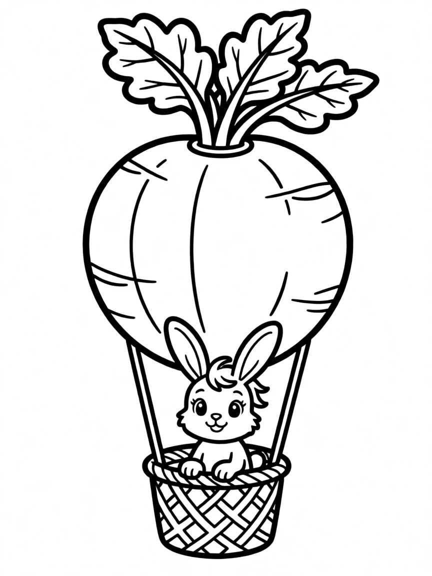 A rabbit riding a hot air balloon shaped like a turnip.