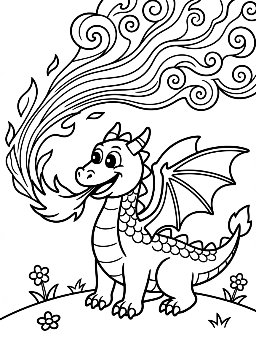 A dragon blowing fire that makes colorful smoke.