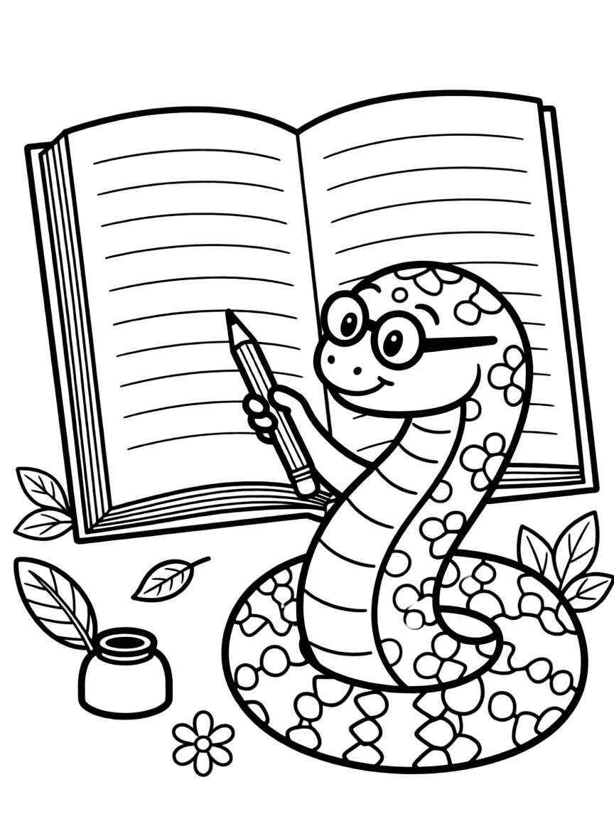 A snake wearing tiny spectacles, writing a poem.