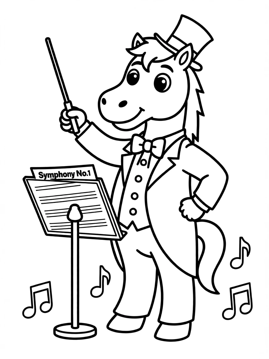 A horse wearing a tiny top hat, conducting a symphony.