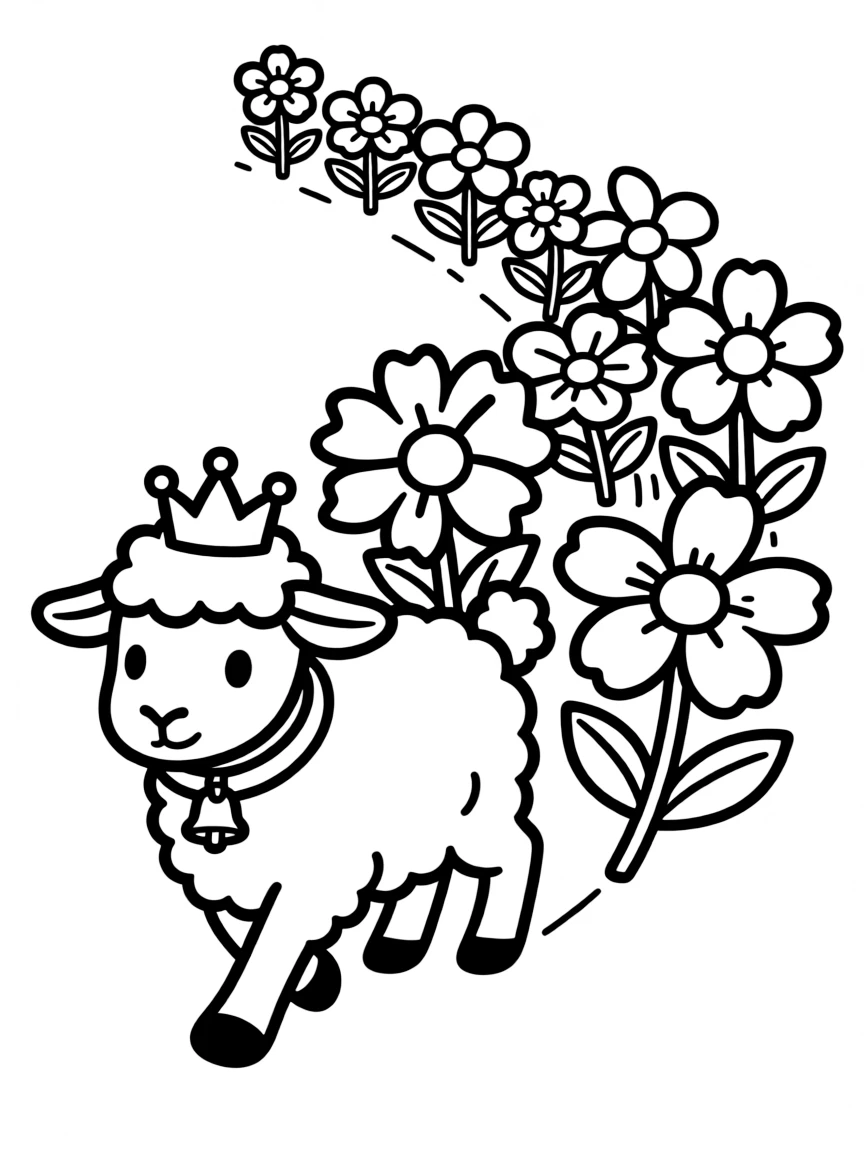 A sheep wearing a tiny crown, leading a parade of flowers.