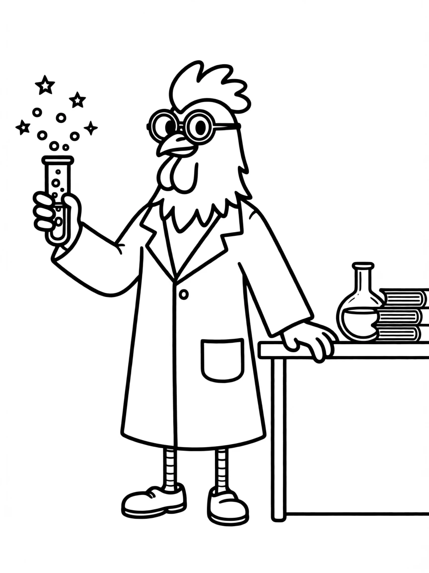 A rooster dressed as a scientist, creating a fizzy potion.