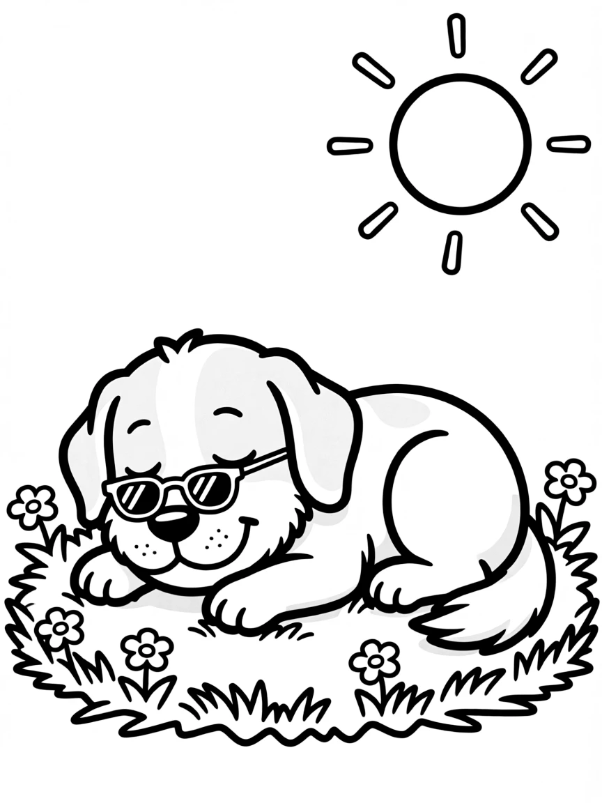 A dog wearing tiny sunglasses, taking a nap in the sun.
