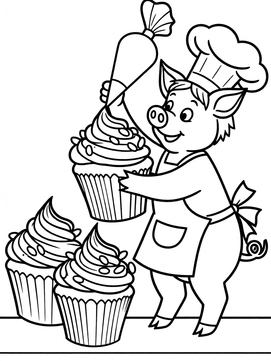 A pig wearing a tiny chef's hat, making giant cupcakes.