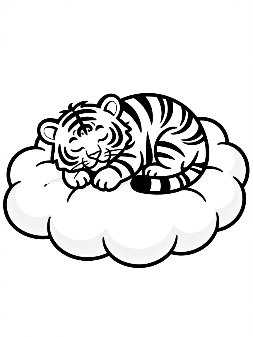 A tiger cub napping in a giant, fluffy cloud.