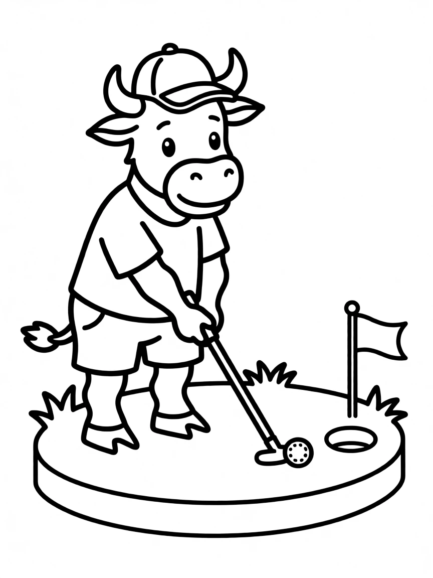 An ox wearing a tiny baseball cap, playing mini-golf.