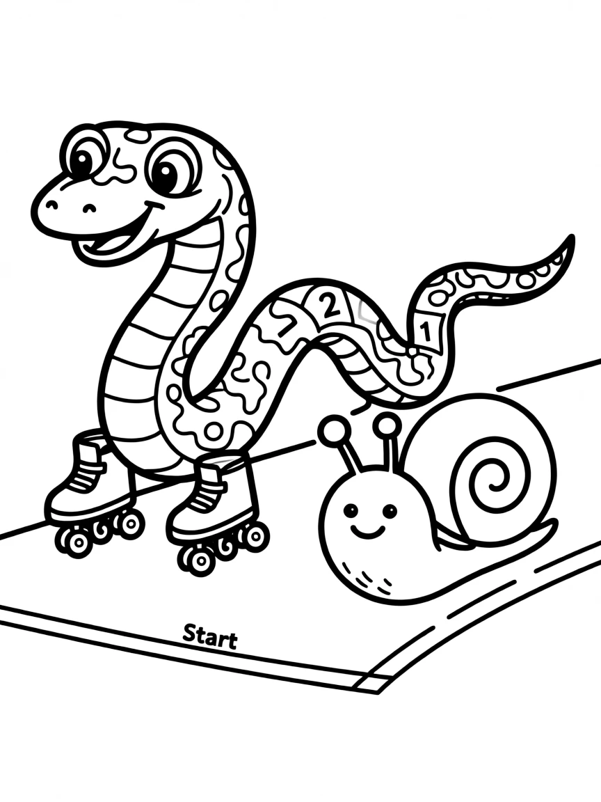 A snake wearing tiny roller skates, racing a snail.