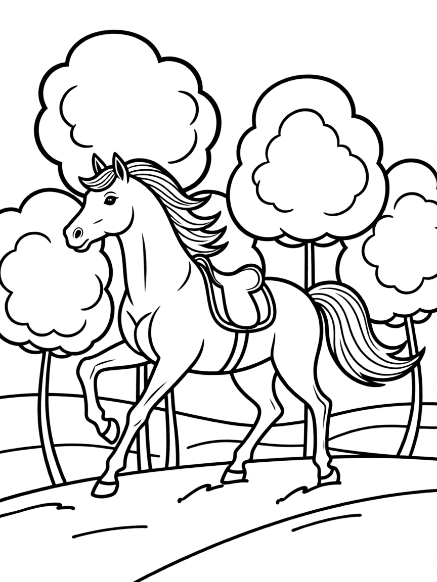 A horse with a flowing mane, galloping through a field of cotton candy.
