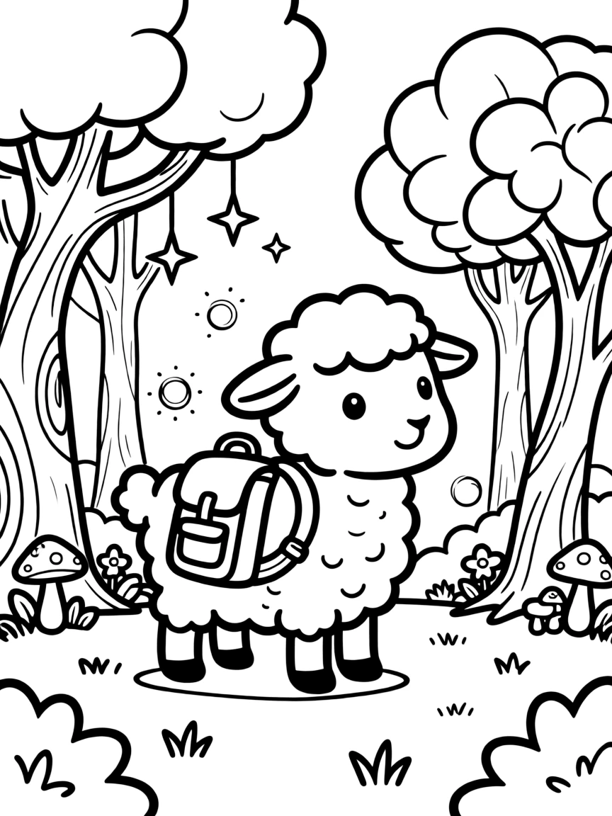 A sheep wearing a tiny backpack, exploring a magical forest.