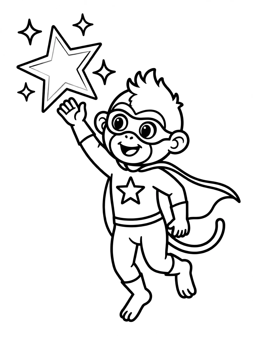 A monkey dressed as a superhero, catching a falling star.