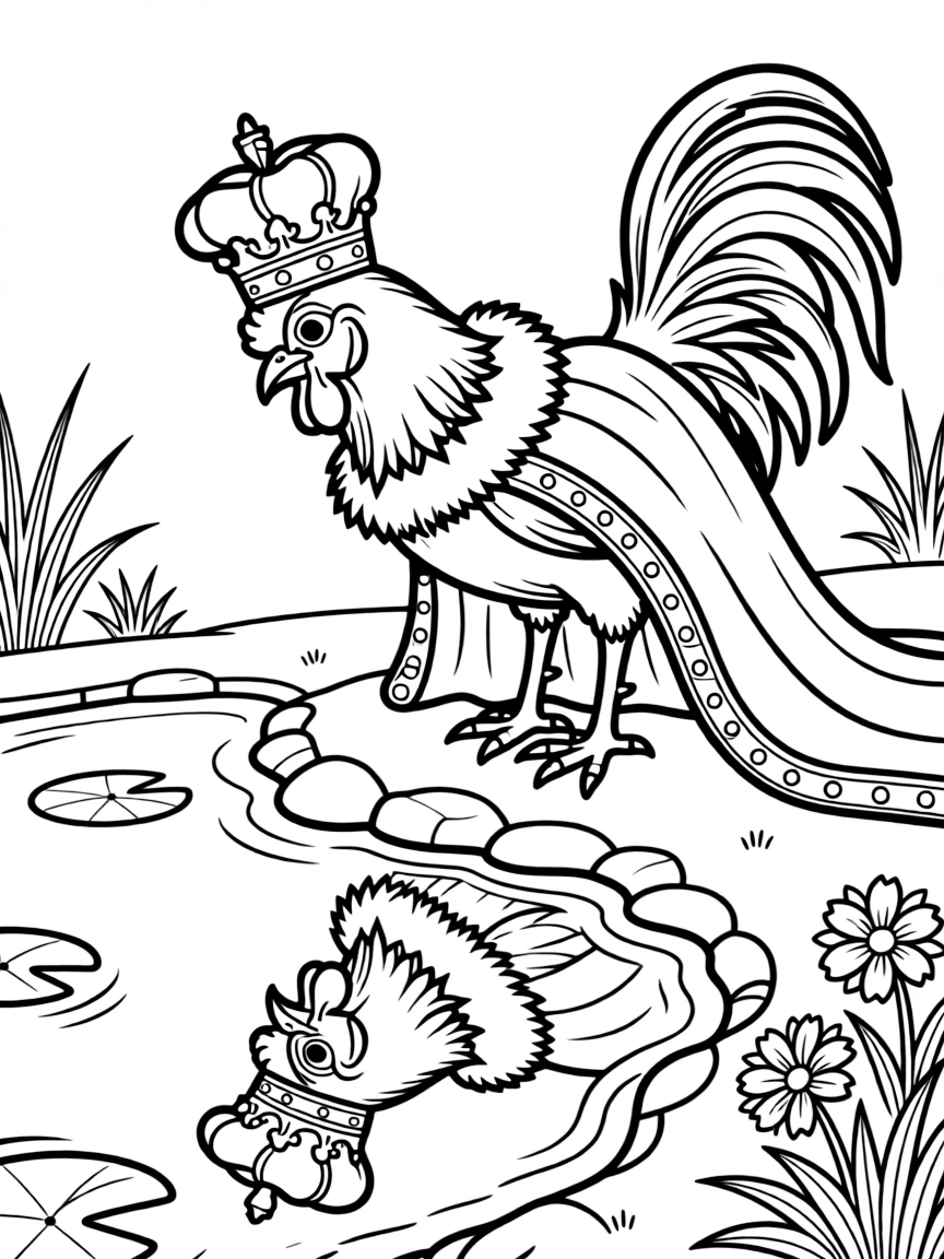 A rooster dressed as a king, admiring his reflection in a pond.
