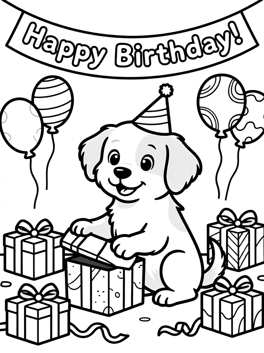 A dog wearing a tiny birthday hat, opening presents.